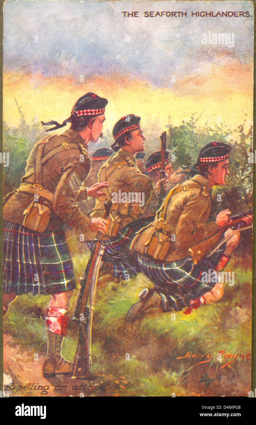 La Première Guerre mondiale Carte postale montrant les Seaforth Highlanders par artiste Harry Payne. Banque D'Images
