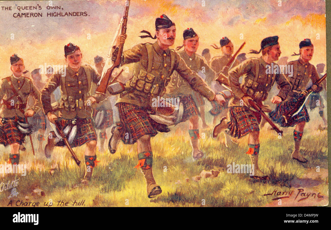 La Première Guerre mondiale Carte postale montrant le Queen's Own Cameron Highlanders par artiste Harry Payne. Banque D'Images