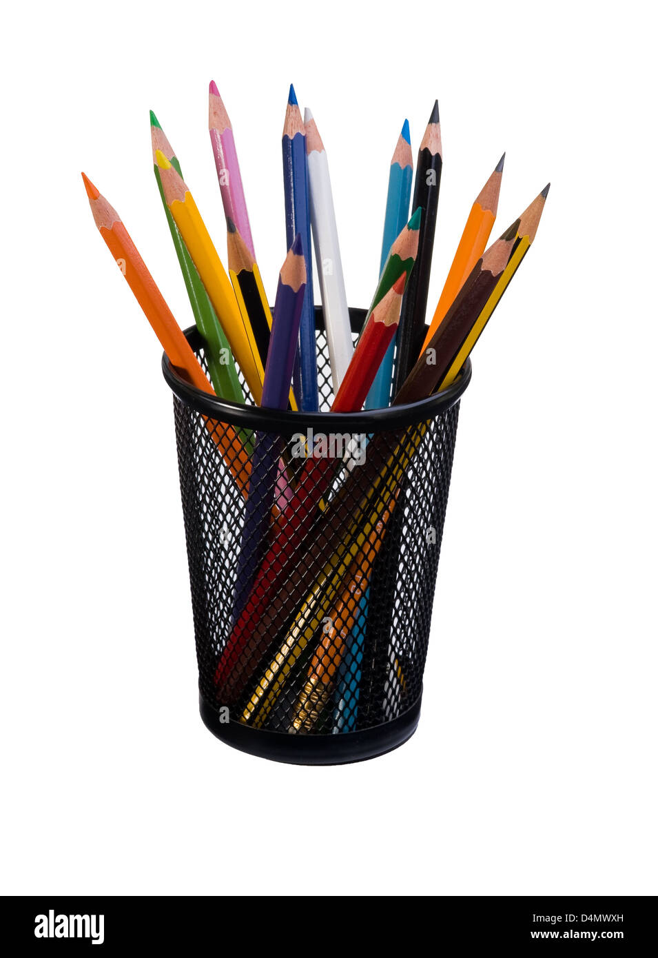 Un mélange de noir et de couleur crayons dans un pot. Banque D'Images
