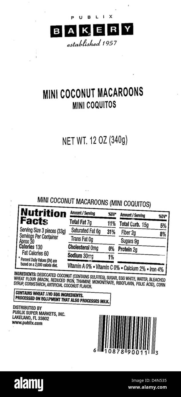 Publix Bakery et South Florida Bakery ont rappelé des macarons à la noix de coco (Coquitos) en raison de la contamination par des allergènes. Les consommateurs devraient vérifier les étiquettes et éliminer les produits touchés. Banque D'Images Publix Bakery et South Florida Bakery ont rappelé des macarons à la noix de coco (Coquitos) en raison de la contamination par des allergènes. Les consommateurs devraient vérifier les étiquettes et éliminer les produits touchés. Banque D'Images