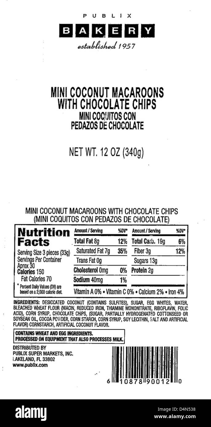 Publix Bakery et South Florida Bakery ont émis un rappel de macarons à la noix de coco (coquitos) en raison de la présence d'allergènes non déclarés. Les produits touchés peuvent présenter des risques pour la santé des consommateurs, en particulier ceux qui sont allergiques à certains ingrédients. Les articles concernés doivent être retournés ou éliminés de manière appropriée en suivant les instructions du rappel. Banque D'Images Publix Bakery et South Florida Bakery ont émis un rappel de macarons à la noix de coco (coquitos) en raison de la présence d'allergènes non déclarés. Les produits touchés peuvent présenter des risques pour la santé des consommateurs, en particulier ceux qui sont allergiques à certains ingrédients. Les articles concernés doivent être retournés ou éliminés de manière appropriée en suivant les instructions du rappel. Banque D'Images