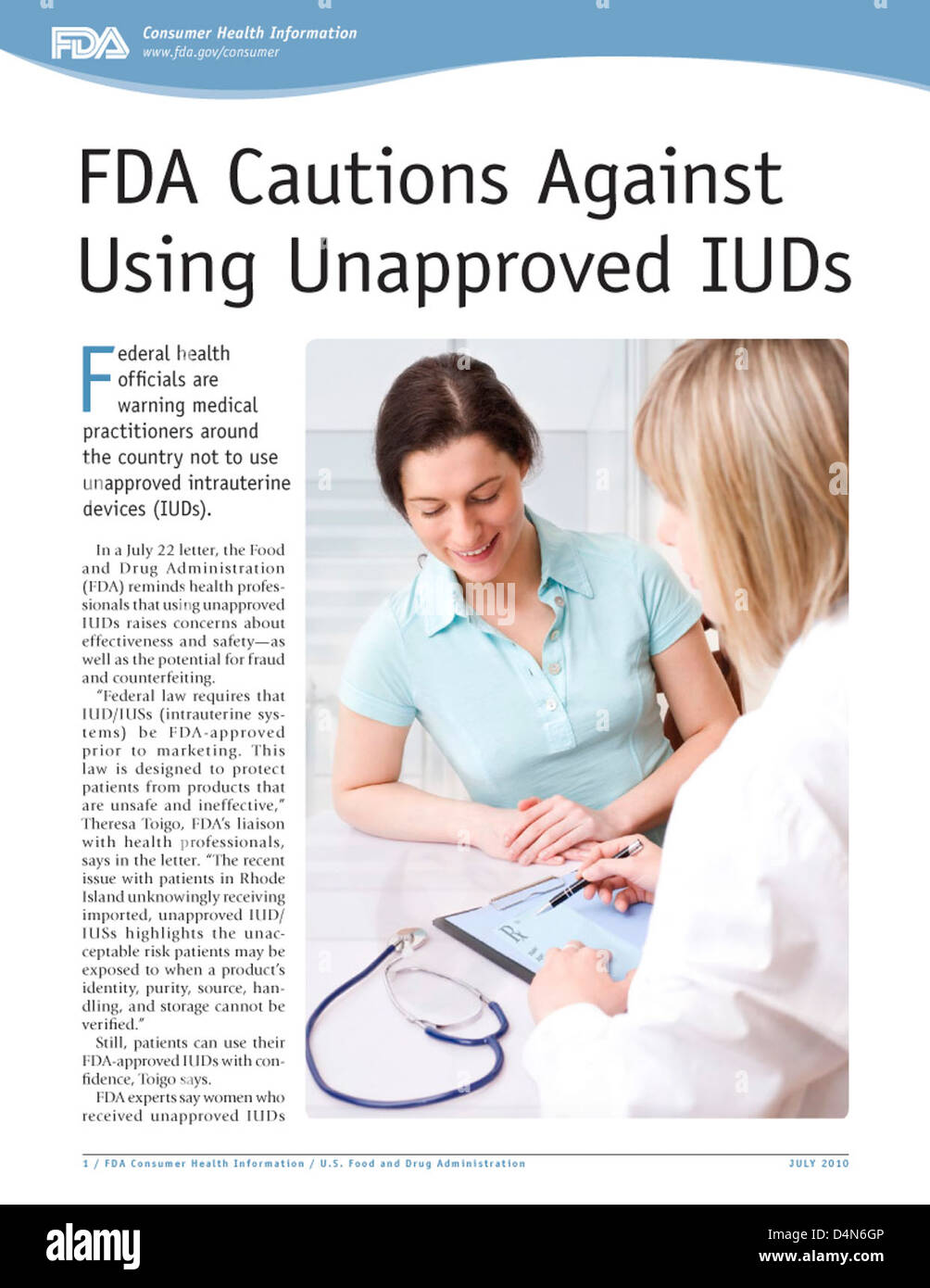 La FDA a mis en garde contre l'utilisation de dispositifs intra-utérins (DIU) non approuvés en raison de problèmes de sécurité et d'efficacité. Certains DIU non approuvés ont été trouvés dans des cliniques de plusieurs états. Banque D'Images