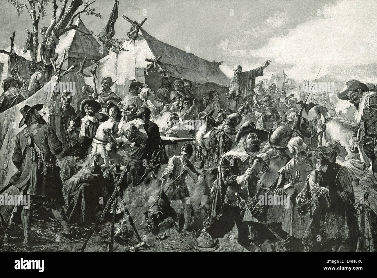 Un moine fanatique prêcher au milieu des rires, blasphématoire mob dans Albrecht von Wallenstein, le camp pendant la Guerre de Trente Ans. Banque D'Images