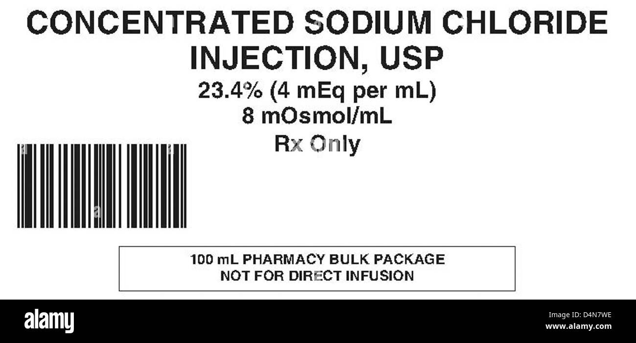 American Regent a émis un rappel pour injection de chlorure de sodium concentré, USP 23,4 %, en flacons unidoses de 30 mL et en emballages pharmaceutiques en vrac de 100 mL. Le rappel est dû à des préoccupations concernant la contamination potentielle et les risques pour la sécurité. Les produits concernés doivent être retournés au fabricant ou éliminés de manière appropriée. Banque D'Images