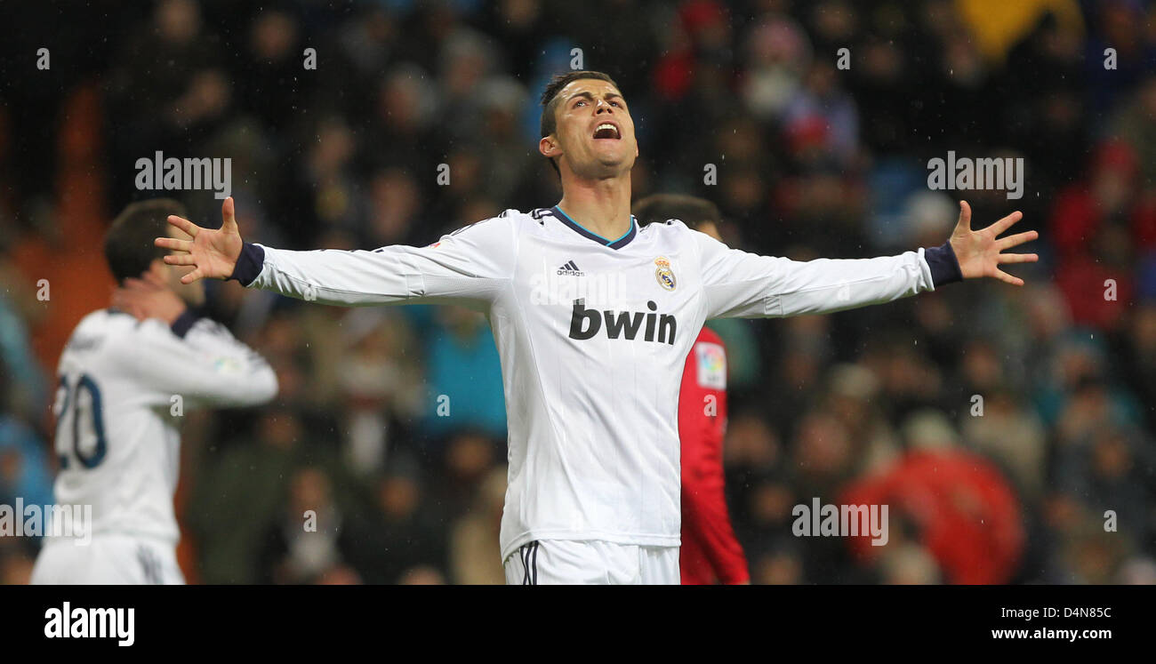 16.03.2013. Madrid, Espagne. Real Madrid, Christiano Ronaldo réagit au cours de la Primera Division espagnole match de football entre le Real Madrid et le RCD Majorque à Santiago Bernabeu Banque D'Images