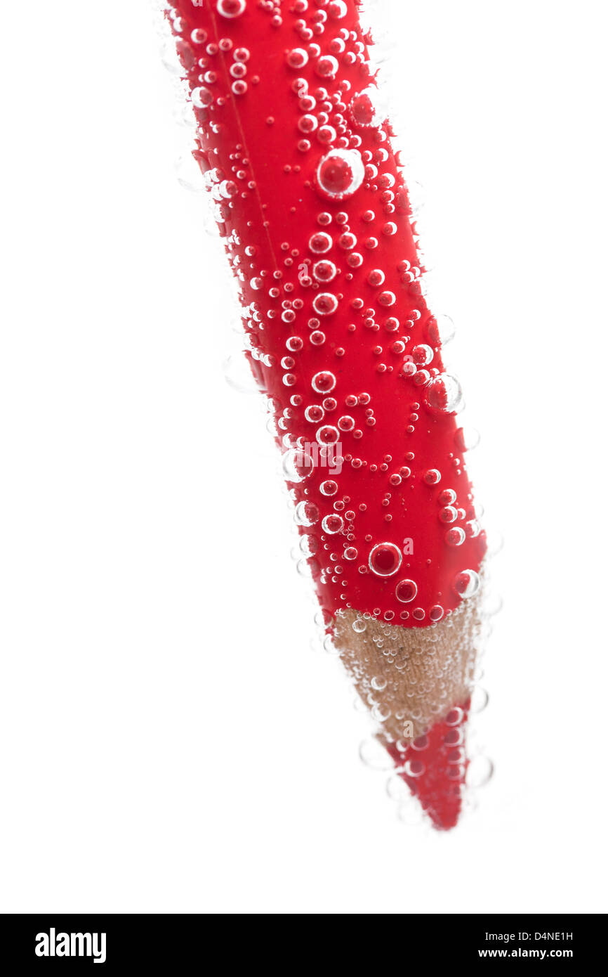 Crayon rouge dans un verre d'eau pétillante. Banque D'Images