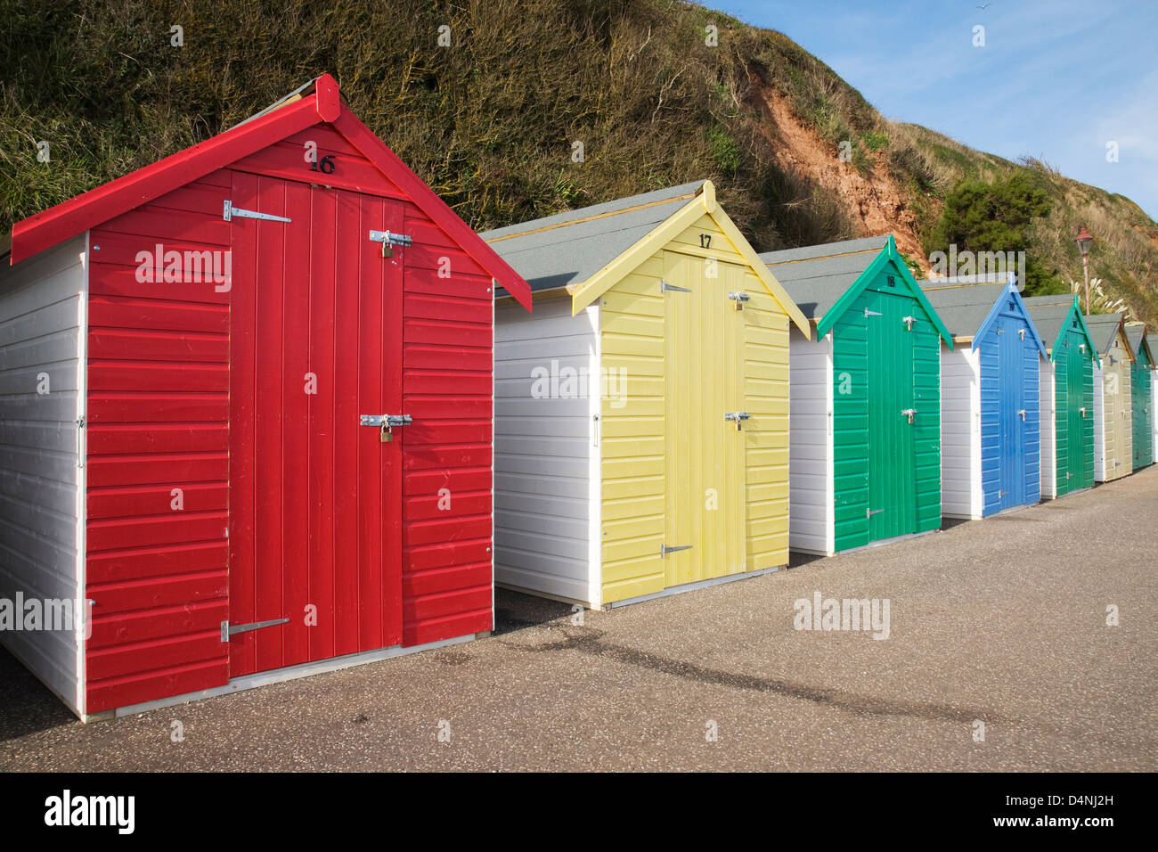 Cabines de plage à Seaton, dans le Devon (Angleterre). Banque D'Images