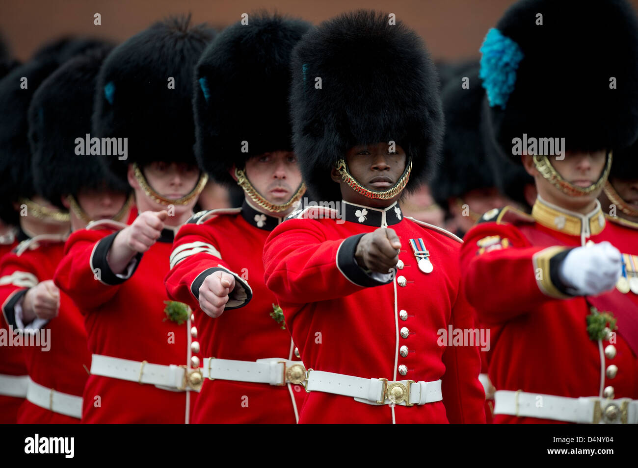 Irish Guards, servant dans l'armée britannique sur le défilé à Aldershot 17/3/13 Banque D'Images
