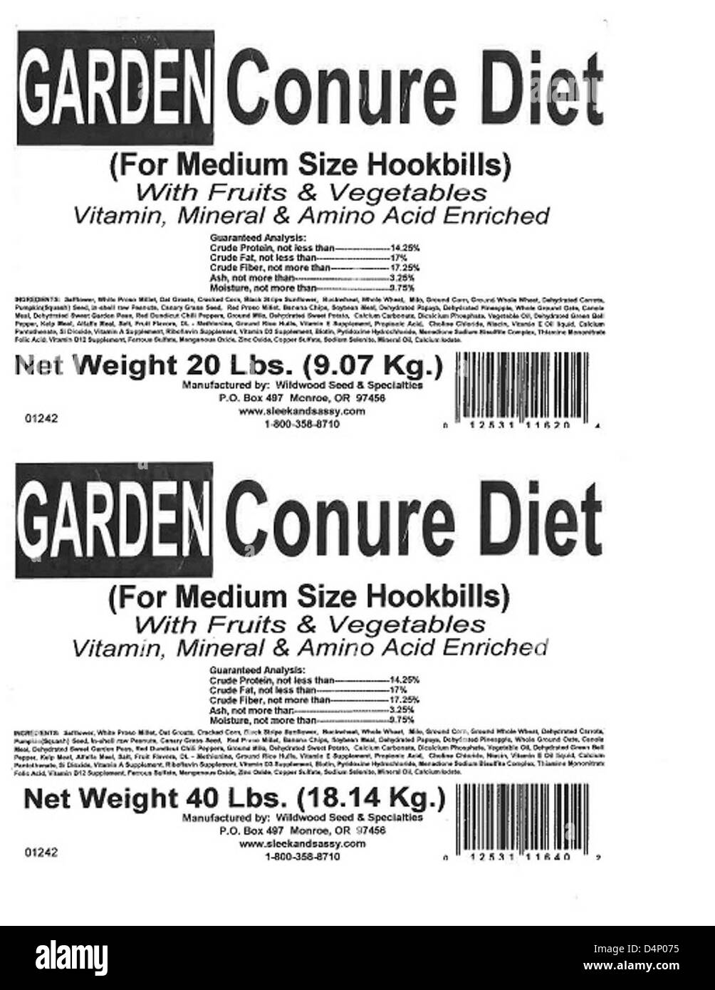 Wildwood Seed & Specialties a émis un rappel de ses aliments pour oiseaux et petits animaux de marque Sassy contenant des arachides crues en coquille fournis par Sunland Inc., en raison d'une contamination potentielle par Salmonella. Il est conseillé aux consommateurs de cesser d'utiliser et de retourner les produits pour un remboursement. Banque D'Images
