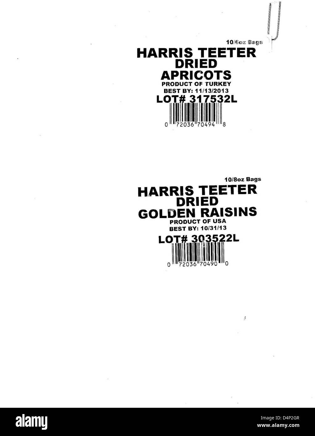 Whole alternatives LLC et Harris Teeter ont rappelé des abricots séchés et des raisins secs dorés en raison de la présence potentielle d'allergènes non déclarés. Les produits touchés ont été vendus dans les magasins sous la marque solutions de rechange. Les consommateurs allergiques à des ingrédients spécifiques devraient éviter de consommer et retourner les produits. Banque D'Images