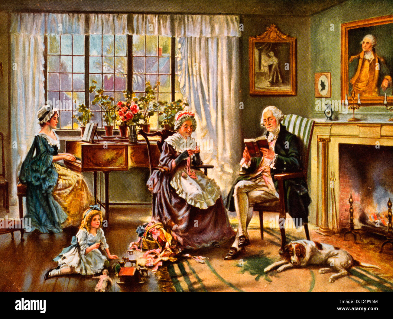 George Washington, portrait en pied, lecture, avec sa famille dans la salle de séjour. Banque D'Images