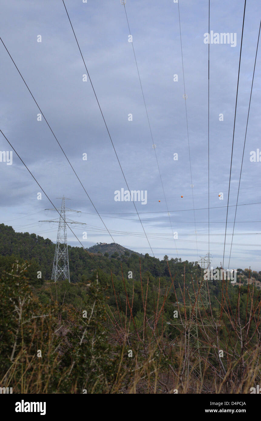 Big electric dans la forêt, comme un monstre d'acier. Les câbles électriques forment un réseau dans l'air. Banque D'Images