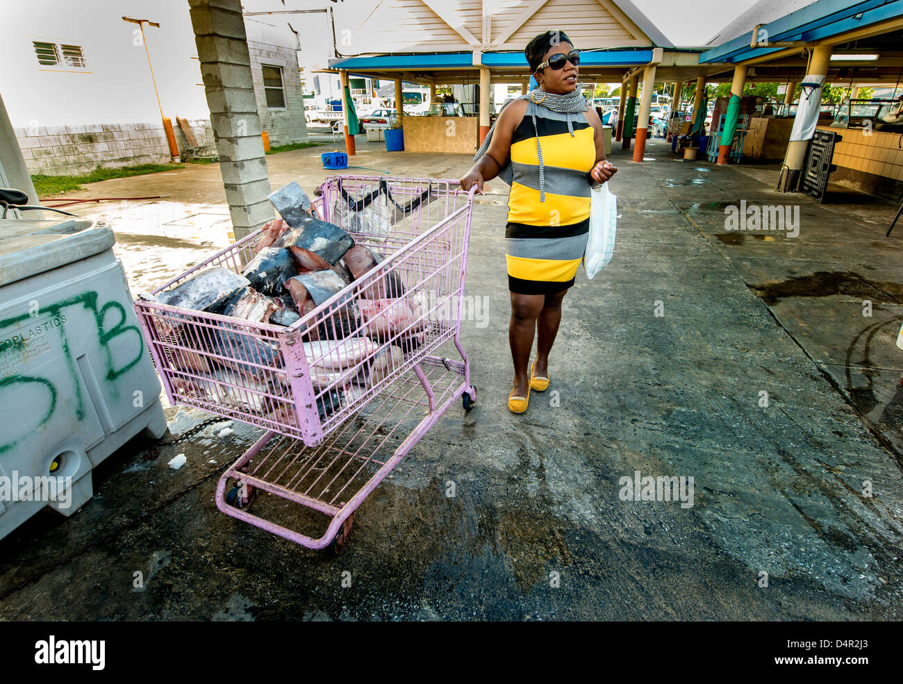 Une femme d'acheter du poisson avec un panier rempli de thon frais au marché aux poissons de Bridgetown, Barbados, Caribbean Banque D'Images