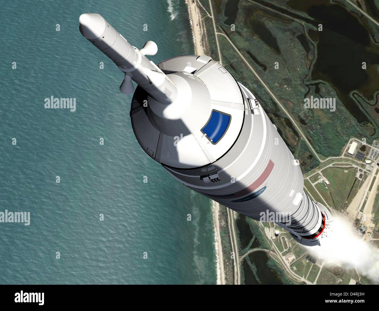 Une illustration de la NASA s ?ARES I-X, décoller du Centre spatial Kennedy, à Cap Canaveral, en Floride, aux États-Unis. L'ARES I-X 327 pieds de mesures à un coût de 445 millions de dollars, et est le projet de fusée de la prochaine génération de voyages dans l'espace véhicules d'un test de lancement prévue le 27 octobre 2009. Le test en vol de la NASA fournira l'occasion de tester et démontrer les caractéristiques de vol, har Banque D'Images