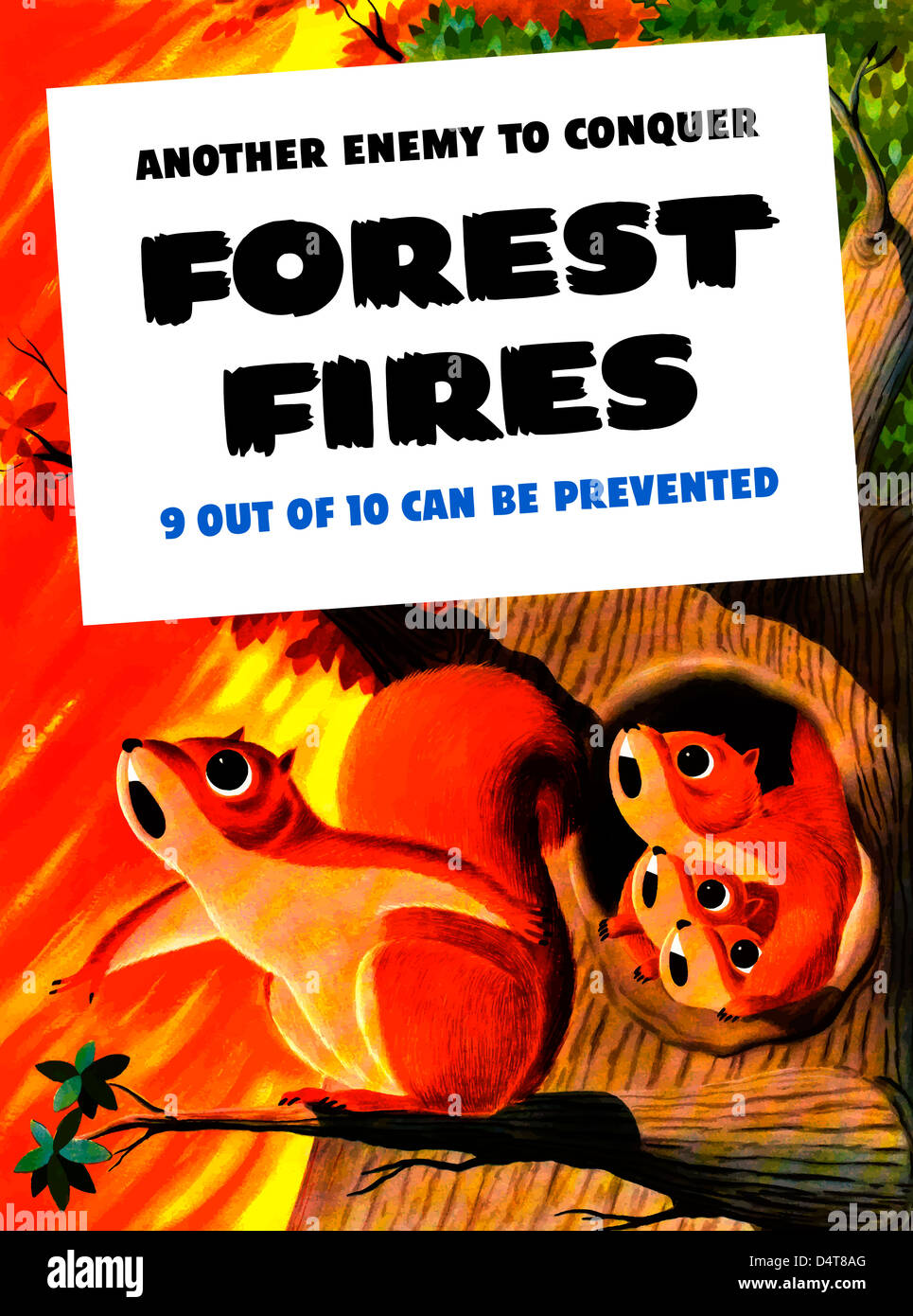 Vintage WW2 affiche montrant une famille d'écureuils entouré par un feu de forêt. Banque D'Images