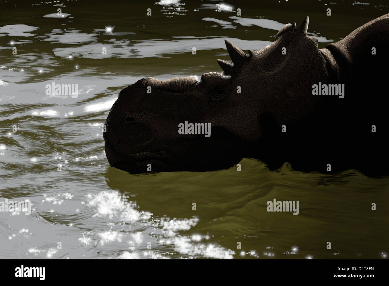 Pachyrhinosaurus dinosaure dans un lac préhistorique. Banque D'Images