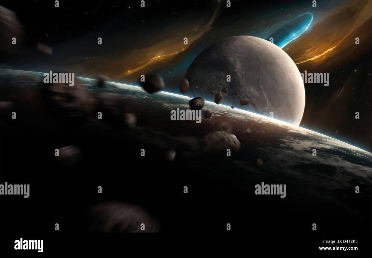 Scène de l'espace dynamique avec les astéroïdes entrant. Banque D'Images