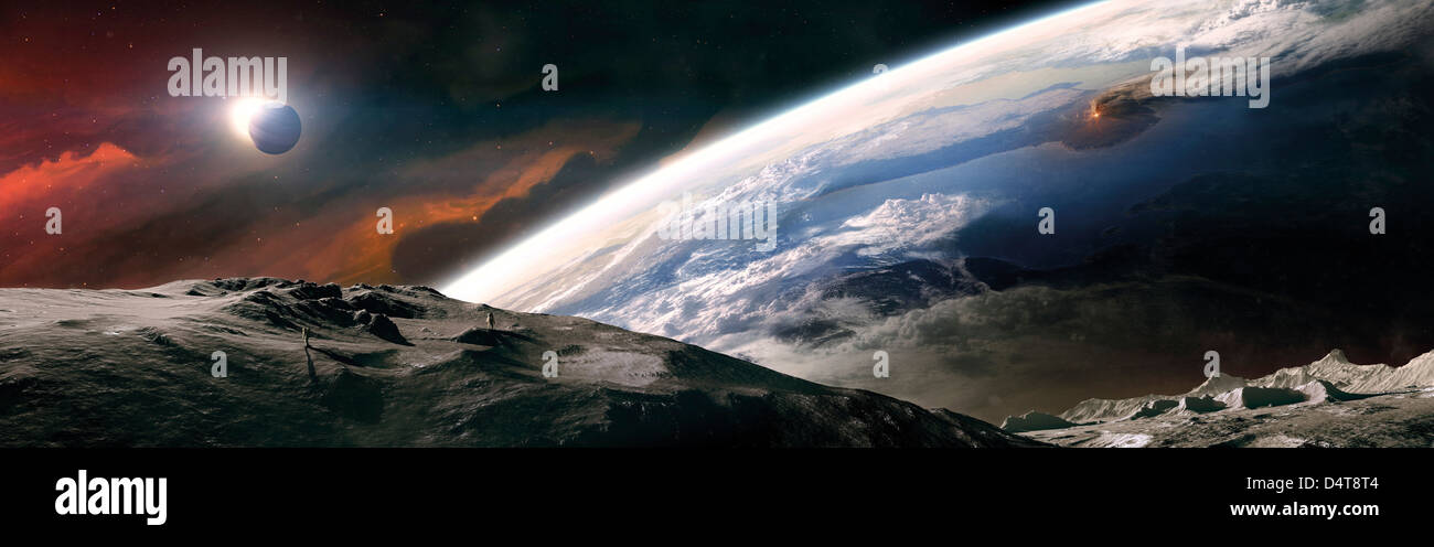 Deux astronautes explorer une lune. Banque D'Images