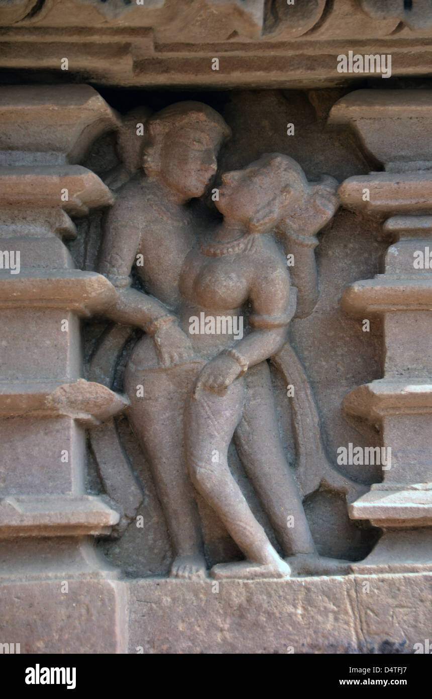 Sculptures sur les murs des temples de Khajuraho, AD 930-950 Banque D'Images