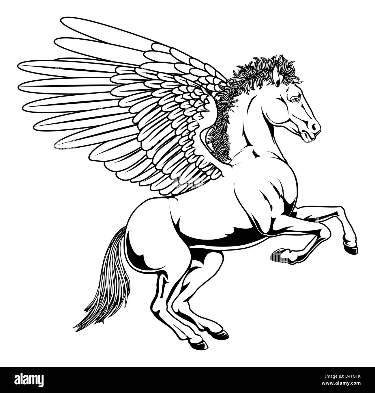L'élevage de chevaux avec des ailes de Pégase sur son dos les jambes en noir et blanc indiquant Banque D'Images