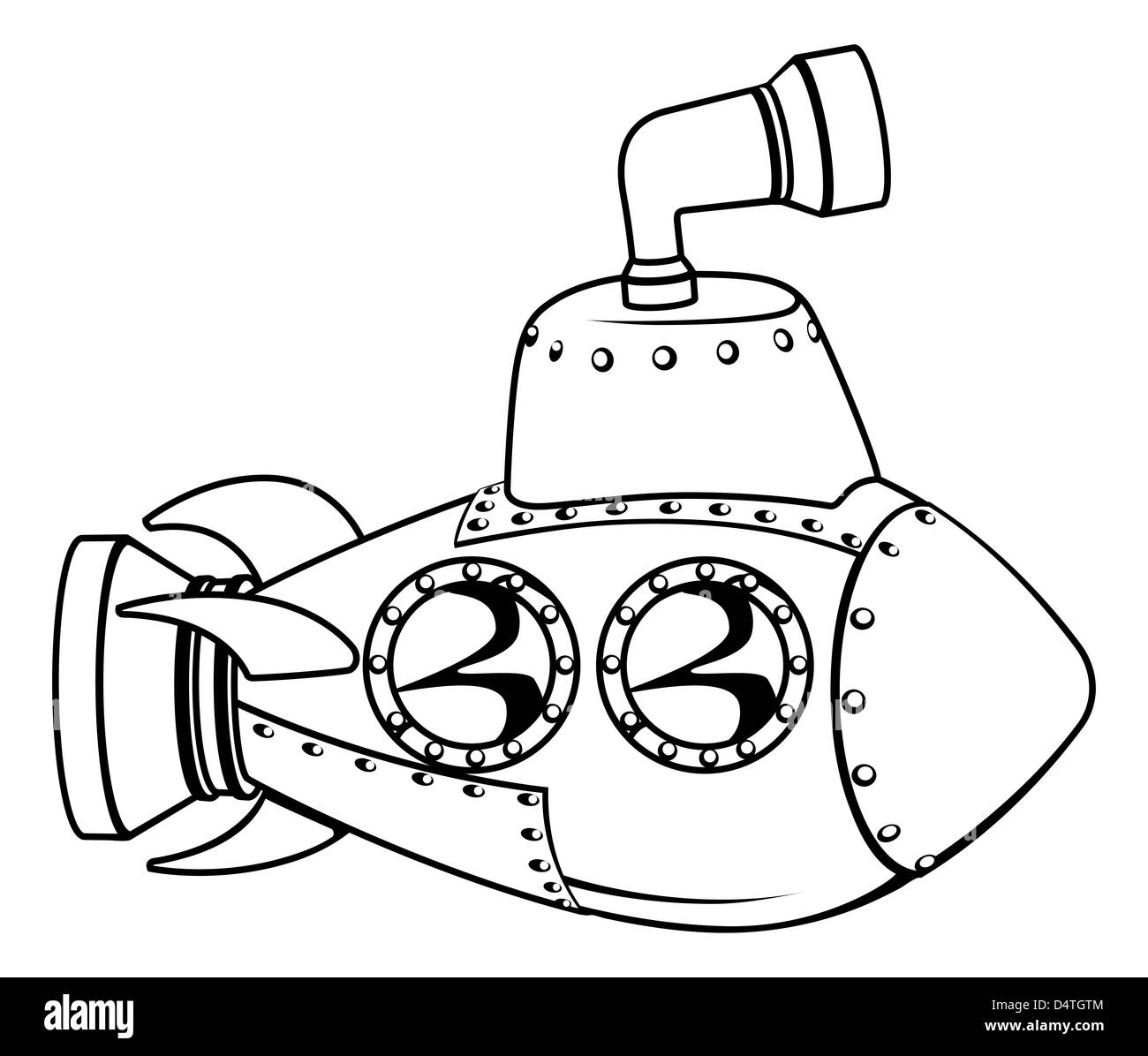 Illustration d'un sous-marin cute cartoon en noir et blanc indiquant Banque D'Images