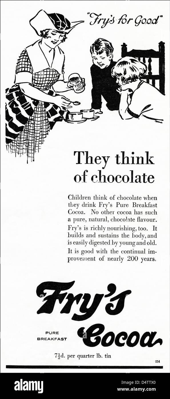 Période des années 1920 vintage publicité imprimer à partir de la publicité dans les magazines anglais Fry's Cocoa pour le petit déjeuner Banque D'Images