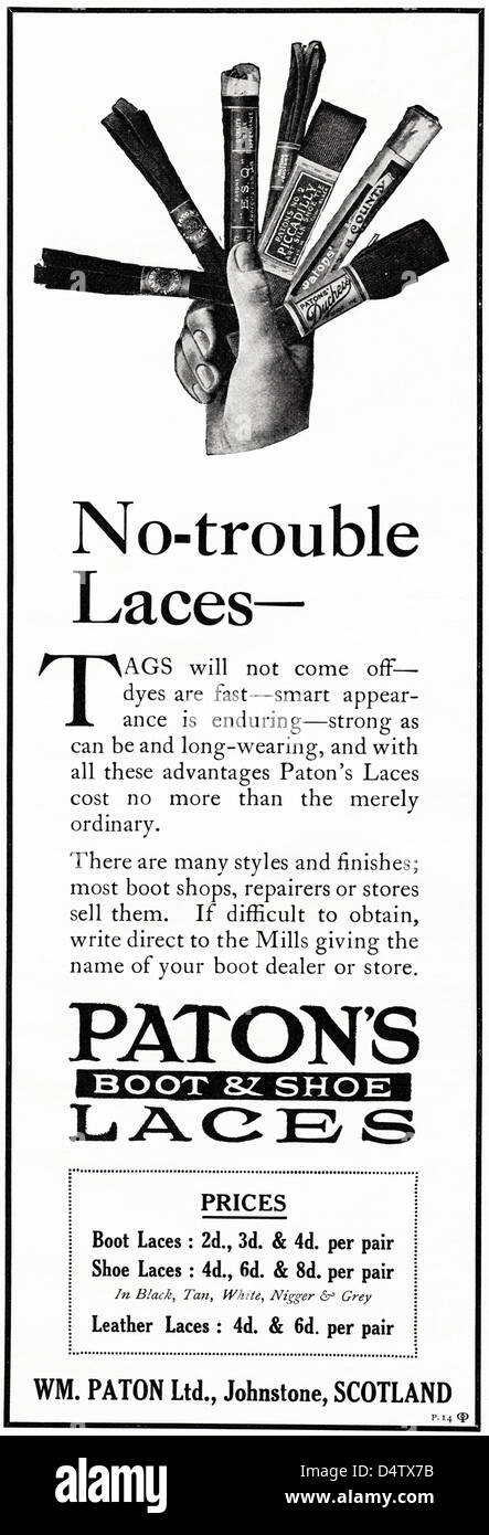 Période des années 1920 vintage publicité imprimer à partir de la publicité dans les magazines anglais PATON'S BOOT & LACETS par WM Paton de Johnstone Ecosse Banque D'Images