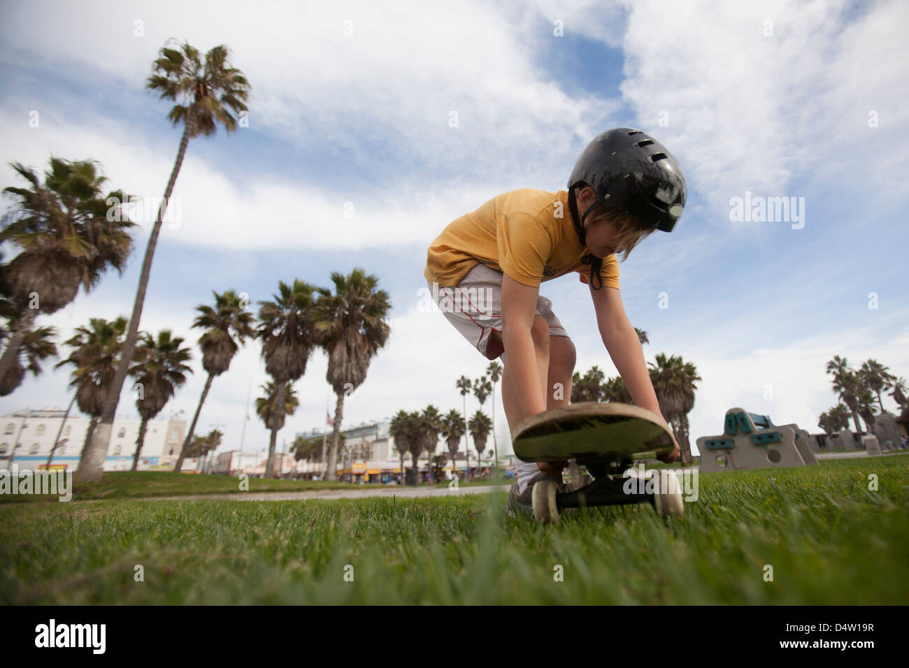 Boy putting skateboard dans grass at park Banque D'Images