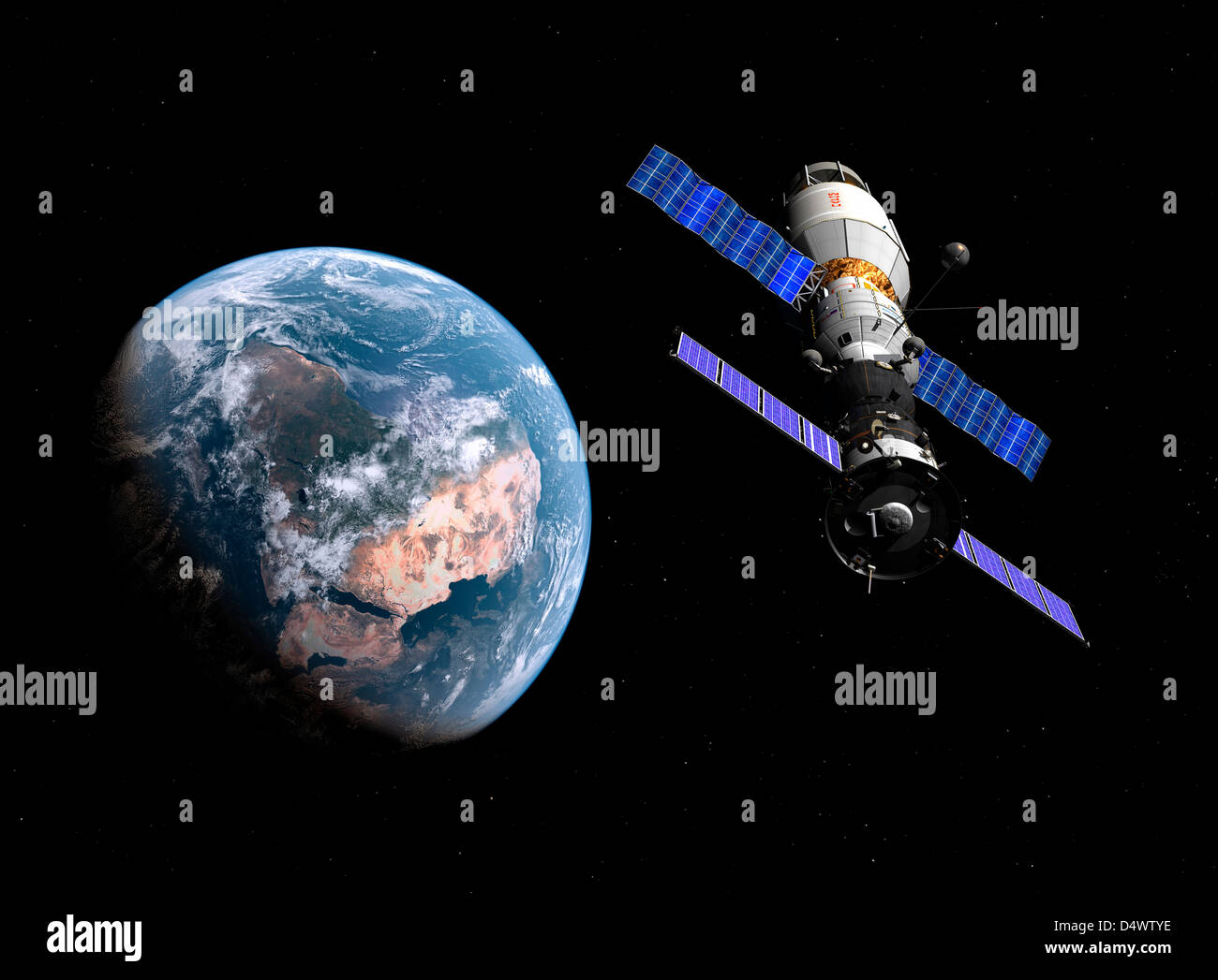 Un service d'Soyouz TMA-M s'est amarré avec un séjour prolongé module. Banque D'Images