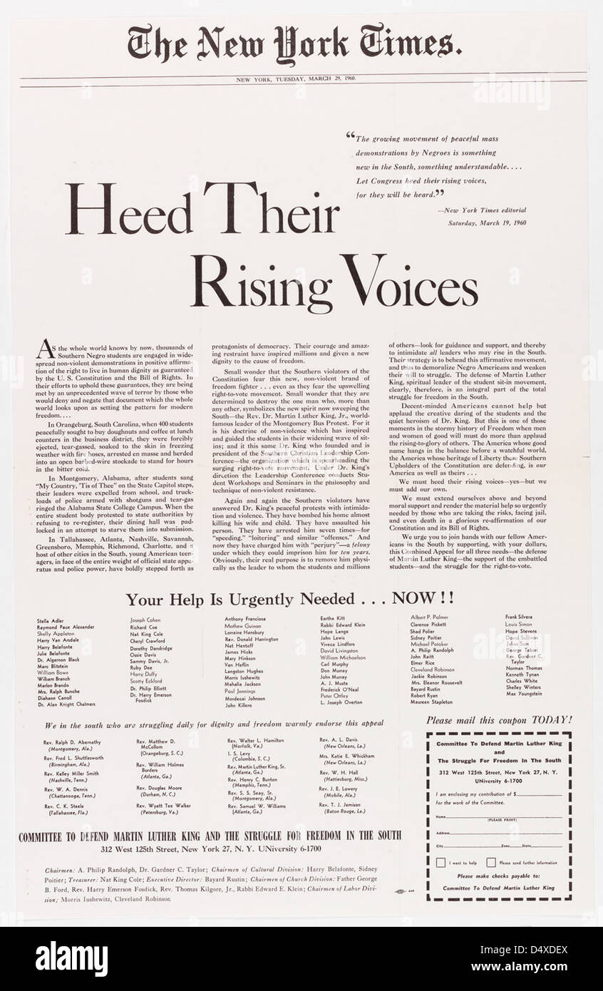 Une publicité du New York Times du 29 mars 1960, mettant en vedette Martin Luther King, Jr., souligne le mouvement croissant des droits civiques aux États-Unis dans les années 1960 Banque D'Images
