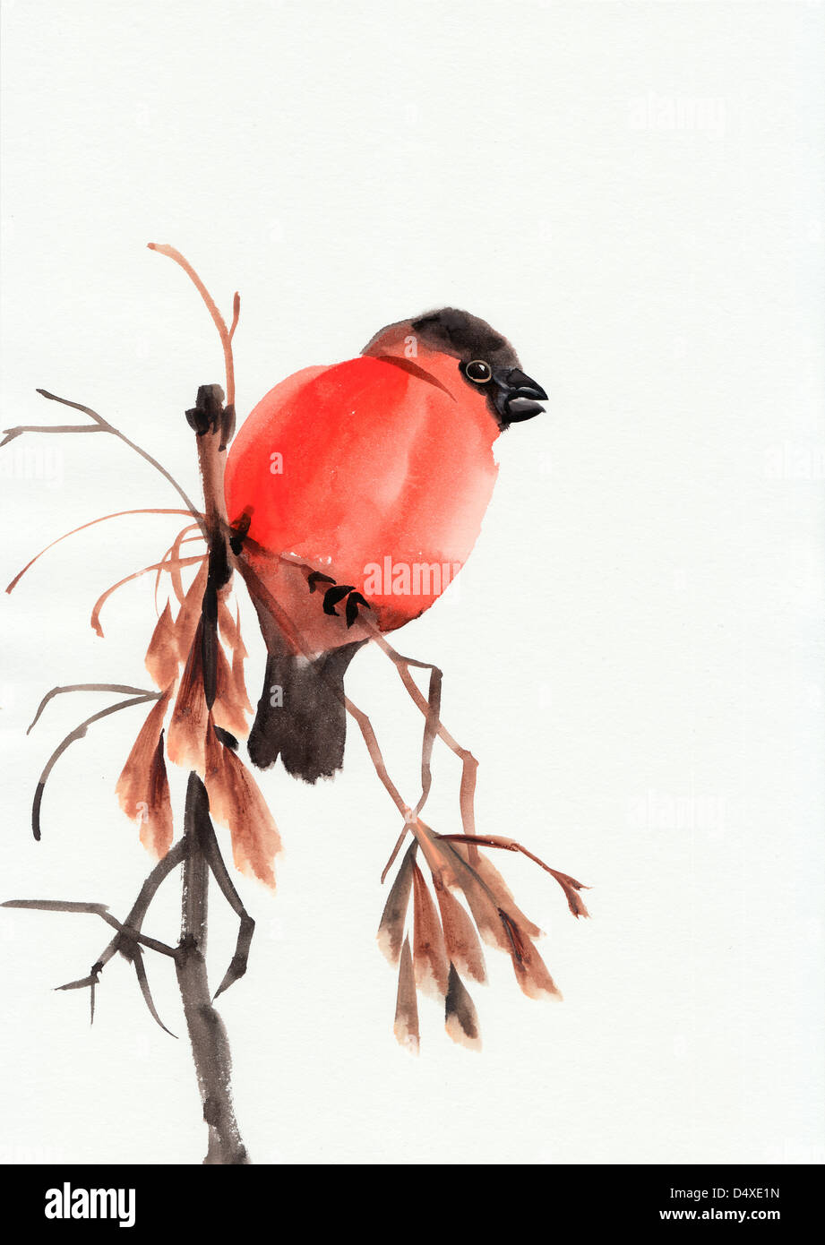 Aquarelle peinture originale d'un oiseau sur une branche. Style asiatique. Banque D'Images