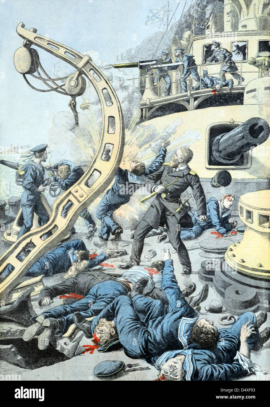 Vintage ou ancienne illustration de la Bataille navale ou de la Bataille maritime pour Port Arthur Manchuria pendant la guerre russo-japonaise (sept 1904) Banque D'Images