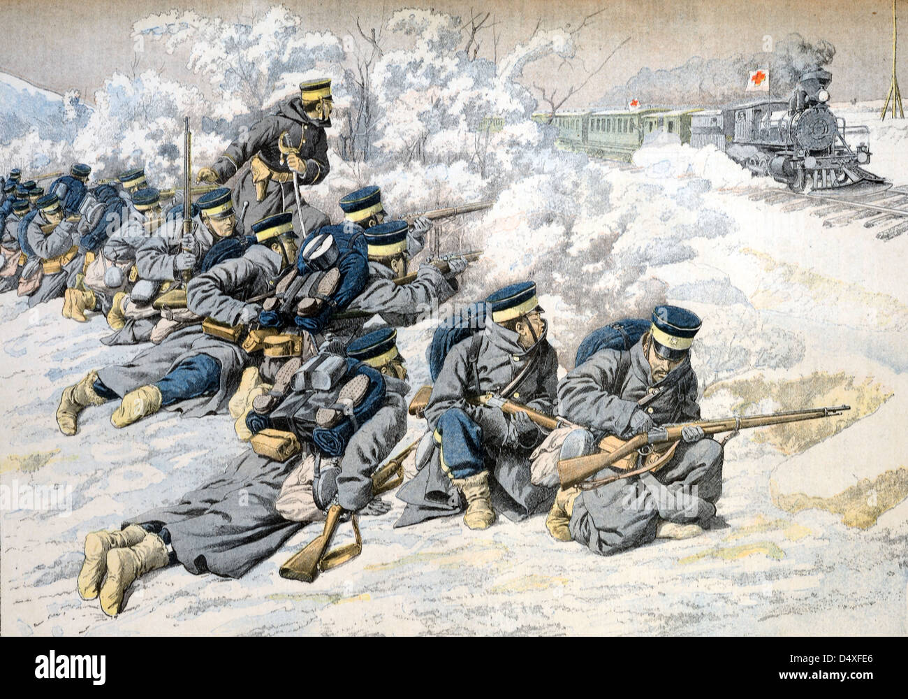 Vintage ou ancienne illustration des troupes japonaises attaquant un train hospitalier en quittant Port Arthur Manchuria pendant la guerre russo-japonaise (mai 1904) Banque D'Images