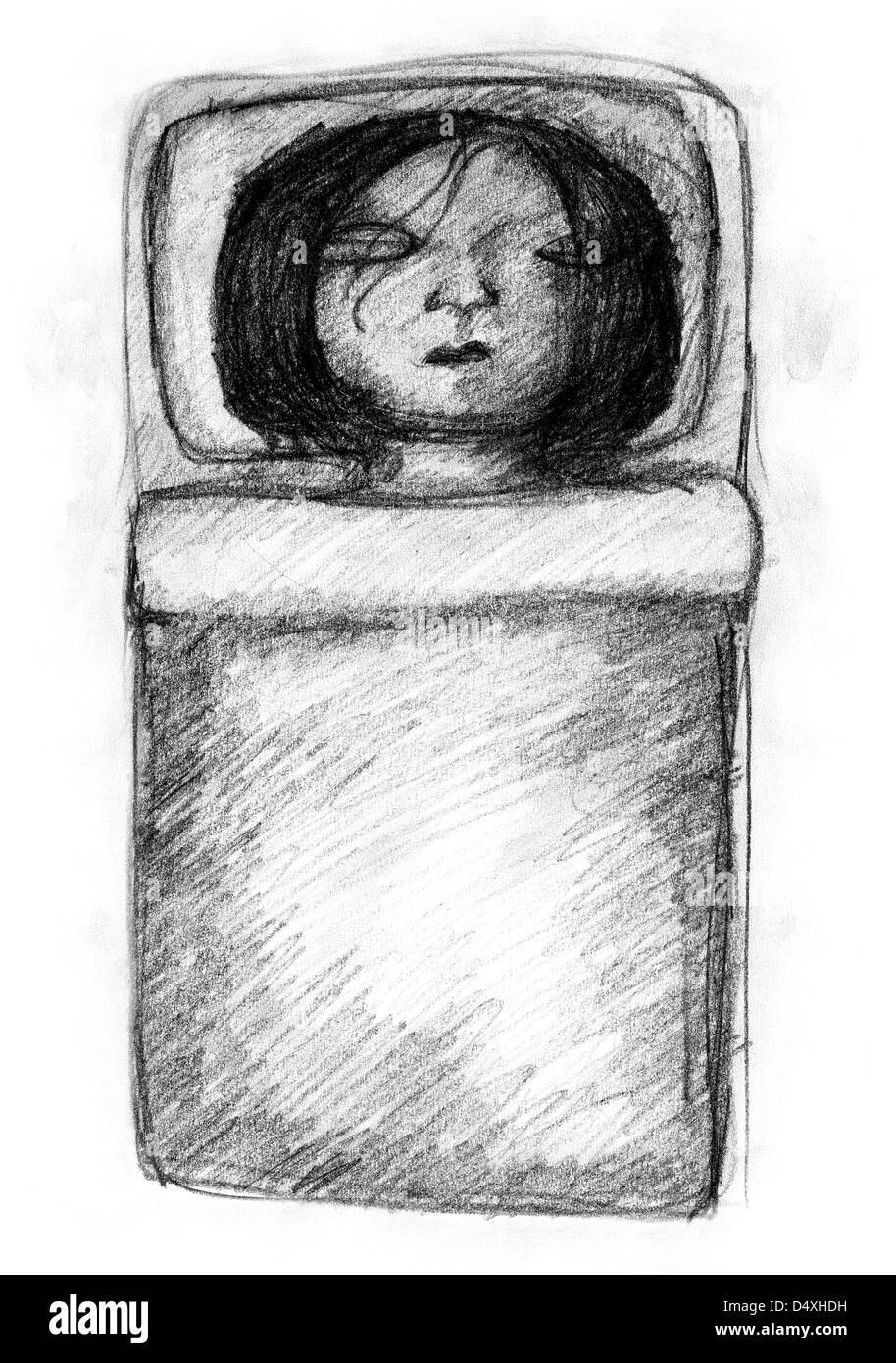 Illustration noir et blanc de girl lying paisiblement au lit, à dormir. Banque D'Images