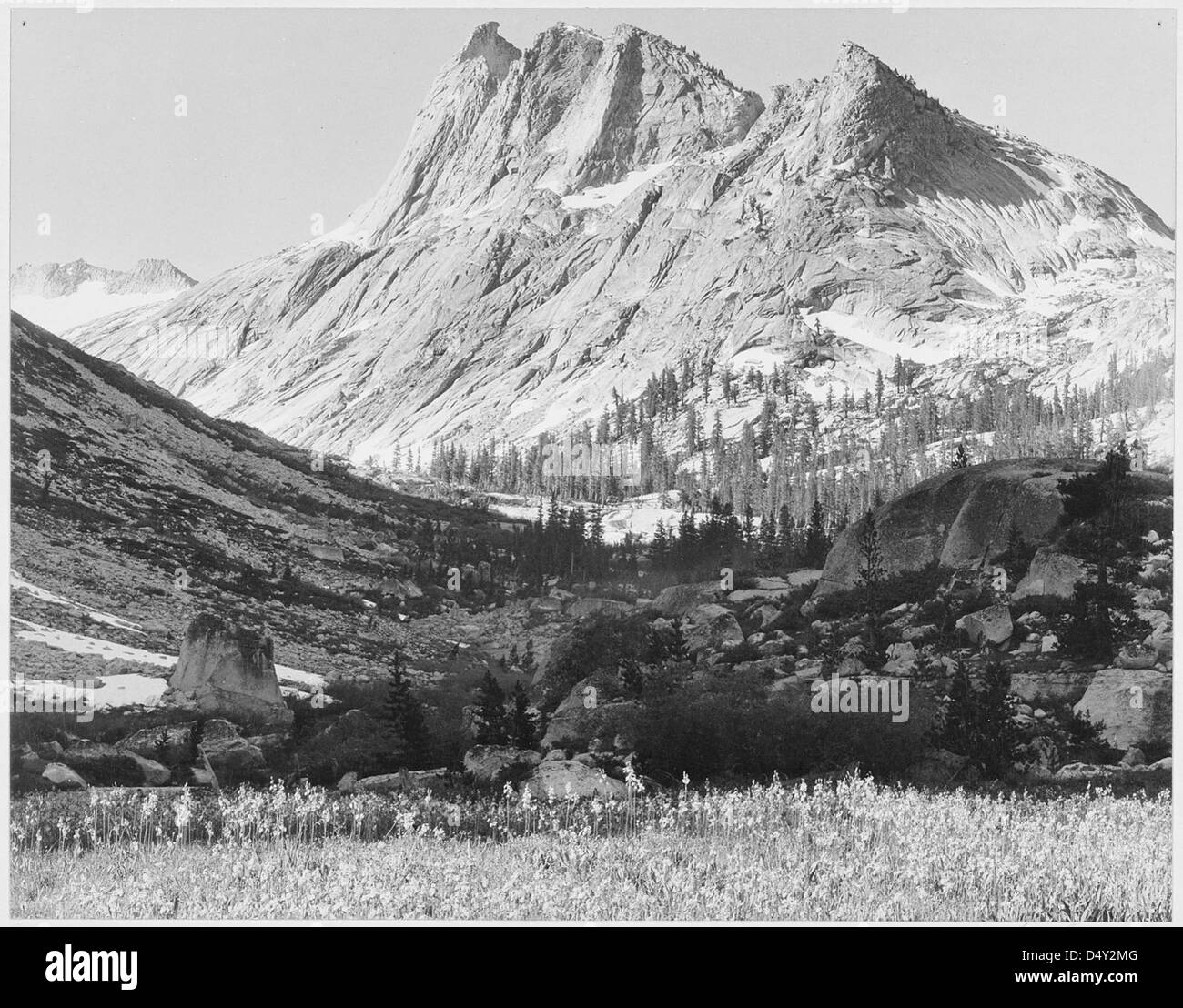 Ansel Adams a capturé cette photographie en noir et blanc de la rivière Boaring à Kings River Canyon, en Californie, en 1936. L'image illustre la beauté de la rivière et son potentiel en tant que parc national. Banque D'Images
