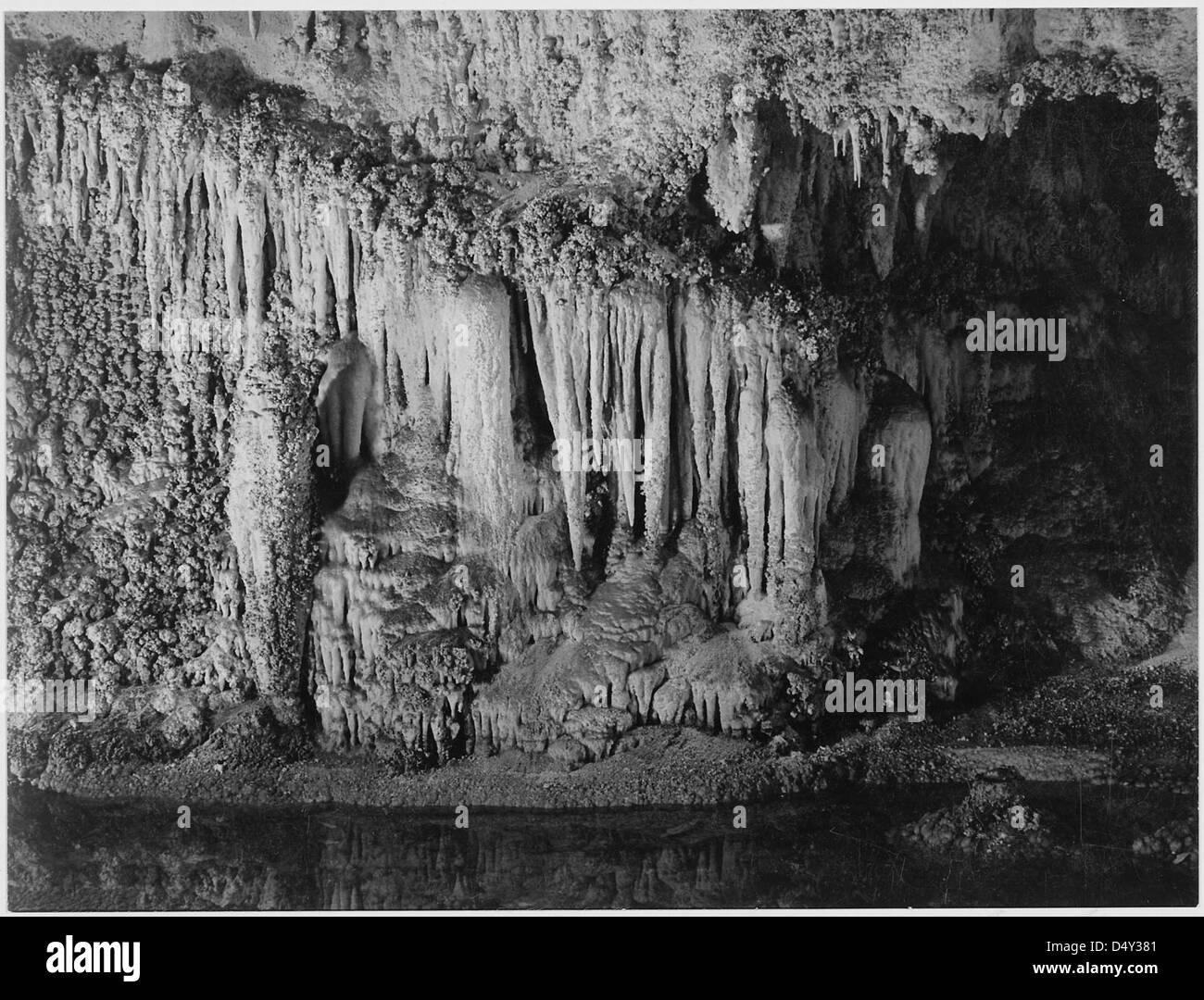 Une photographie de la piscine du palais du roi dans le parc national de Carlsbad Caverns, Nouveau-Mexique, prise par Ansel Adams. L'image capture la grande formation de draperie connue sous le nom de guillotine, mettant en valeur les formations uniques dans la grotte. Banque D'Images