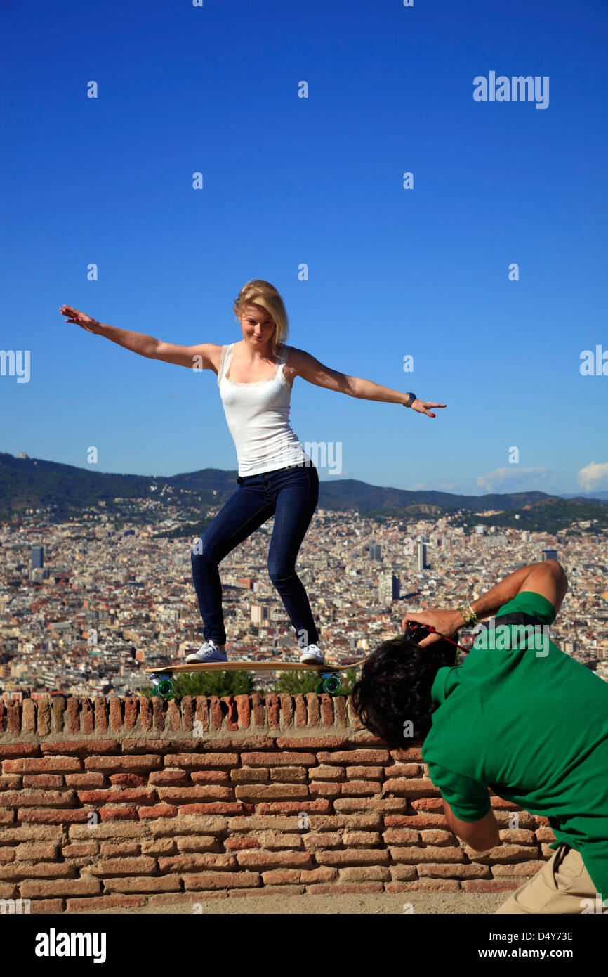 Photo avec vue du château de Montjuic, Barcelone, Espagne Banque D'Images