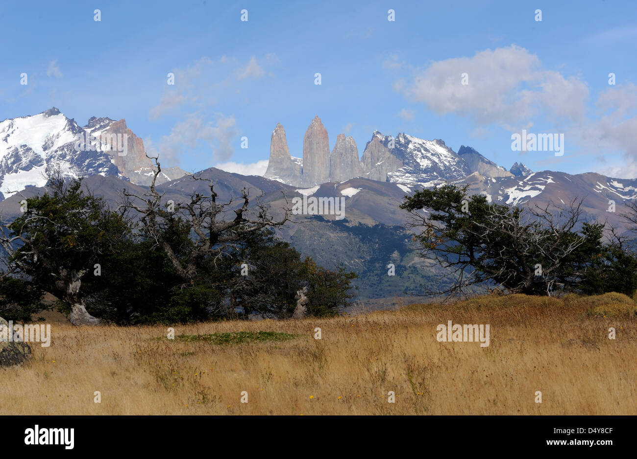 Le massif de Torres del Paine à partir de l'ouest Torre Sur est sur la gauche puis Torre Torre alors Central Nord. Banque D'Images