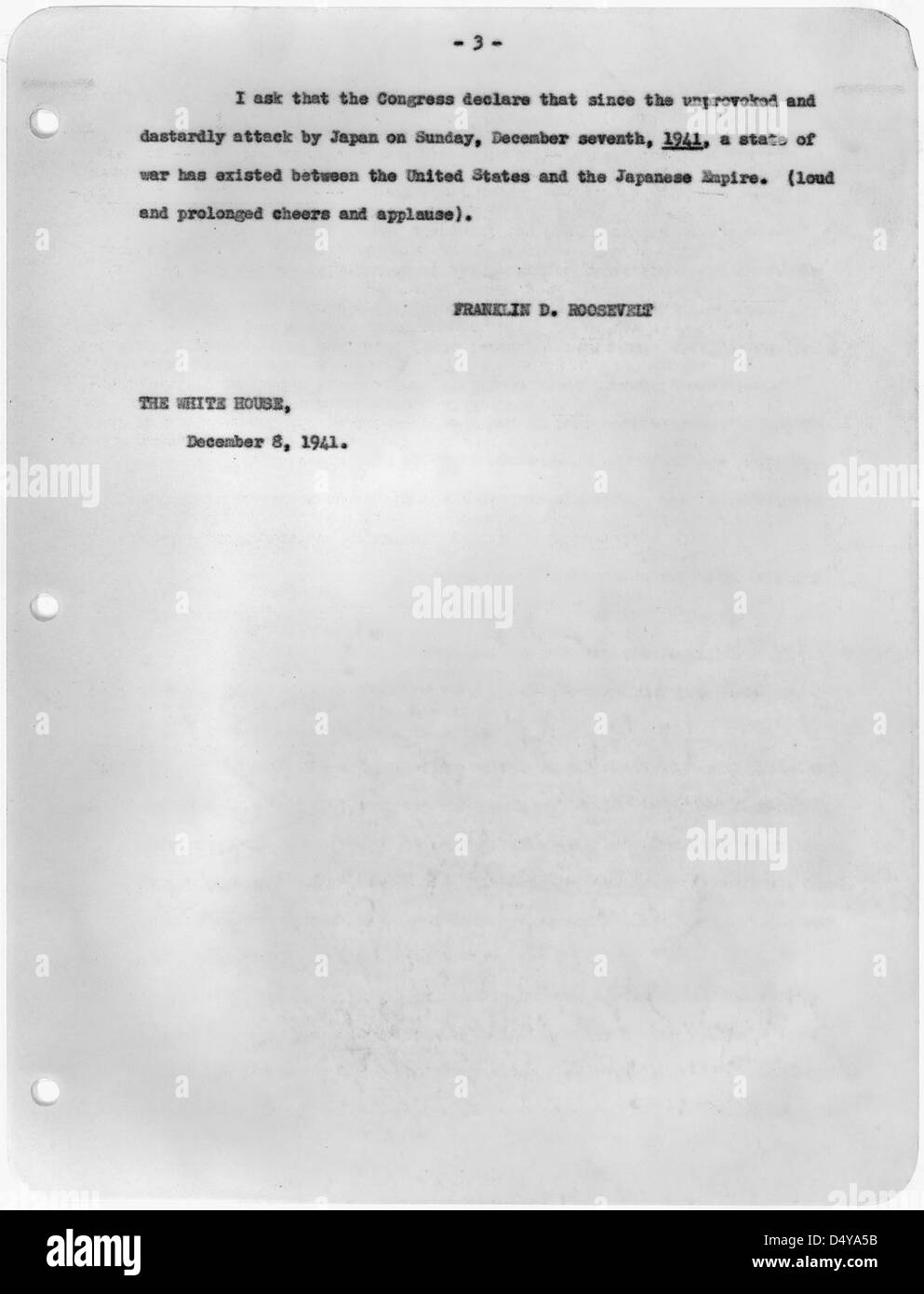 Transcription de message au Congrès demandant Déclaration de guerre contre le Japon, 12/08/1941 (page 3 de 3) Banque D'Images