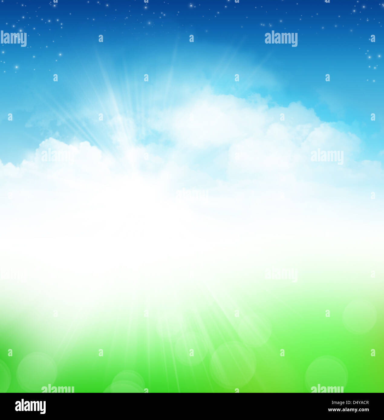 Ciel nuageux Ciel bleu avec des étoiles et green field abstract background Banque D'Images
