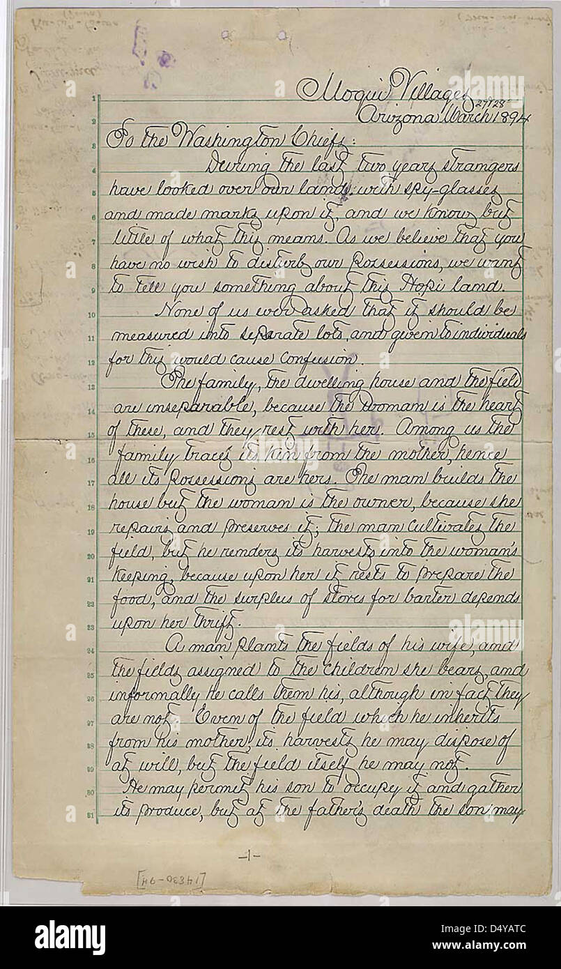 Une pétition HHopi (Moqui) signée par tous les chefs et chefs de tribu demandant au gouvernement fédéral de leur donner le titre de leurs terres au lieu d'attribuer individuellement chaque membre de tribu., 03/27/1894 - 04/10/1894, page 7 Banque D'Images