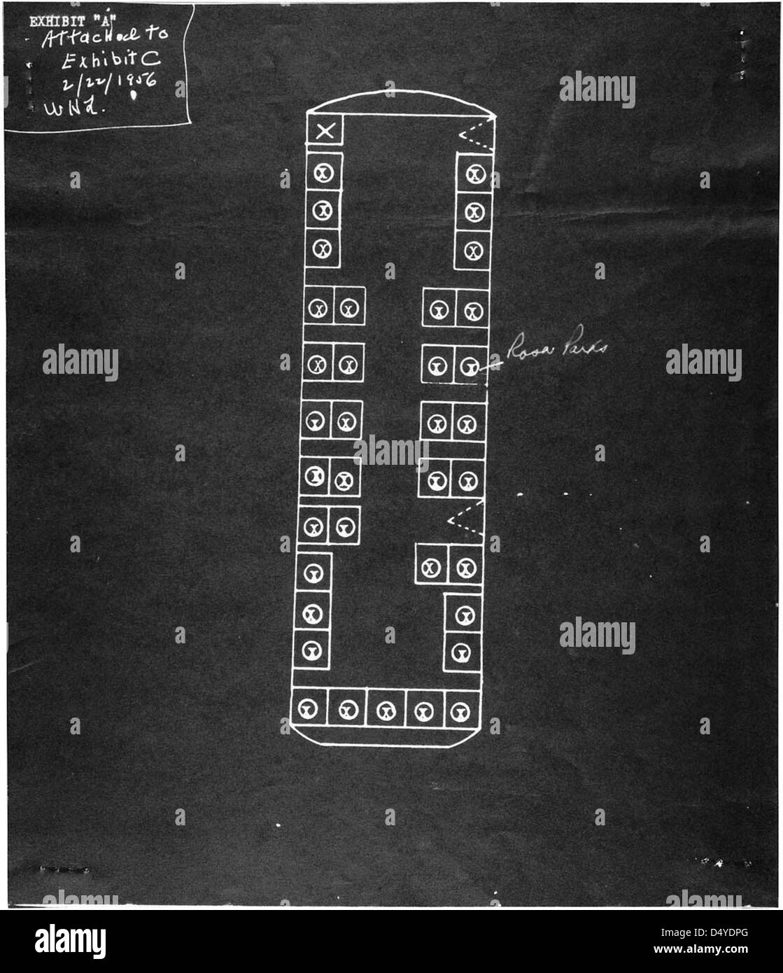 Un diagramme montrant le siège occupé par Rosa Parks dans le bus pendant son acte historique de désobéissance civile. Ce document est conservé par les Archives nationales des États-Unis et souligne un moment charnière dans le mouvement des droits civiques. Banque D'Images