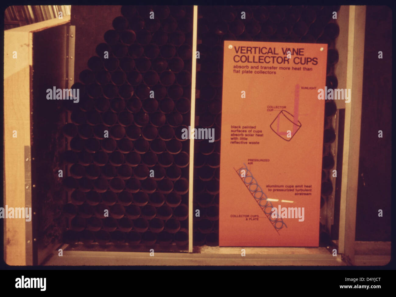 L’usine de fabrication de Sunglow Corporation produit des unités de chauffage solaire d’arrière-cour sous licence en mai 1975. Cette installation représente une innovation dans la technologie des énergies renouvelables au cours des années 1970 Banque D'Images