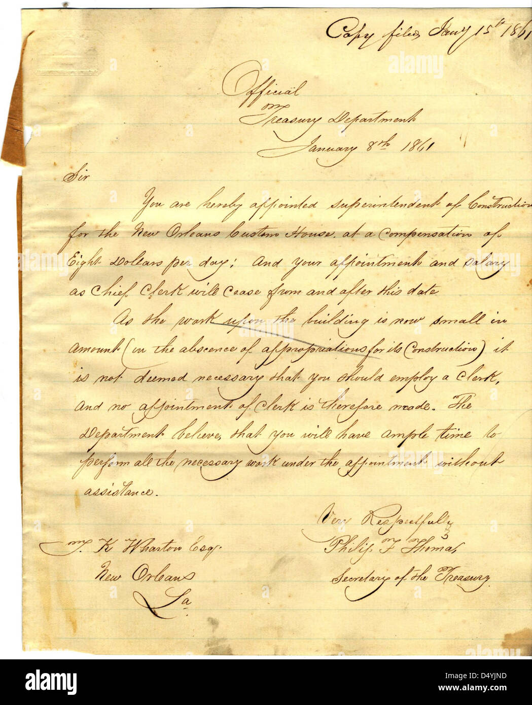 Nomination de T. K. Wharton comme surintendant de la construction de la Nouvelle Orleans Custom House, 01/1861 Banque D'Images