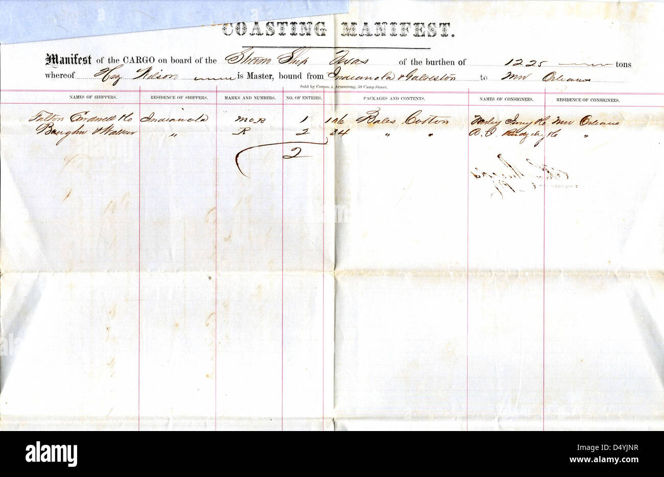 Manifeste de la S.S. Texas de Galveston à Nouvelle Orléans est arrivé le 5 mars 1860 Banque D'Images