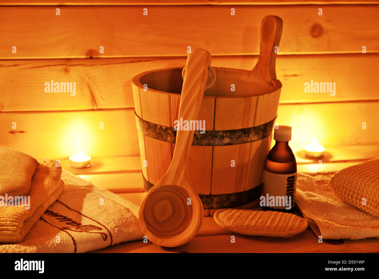 Intérieur du sauna finlandais et sauna accessoires Banque D'Images