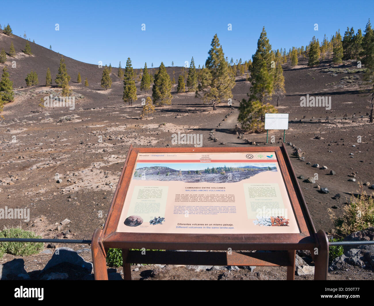 Signe d'interprétation au début de la promenade n° 13 Samara dans le parc national de Teide à Tenerife en Espagne, à travers un paysage volcanique Banque D'Images