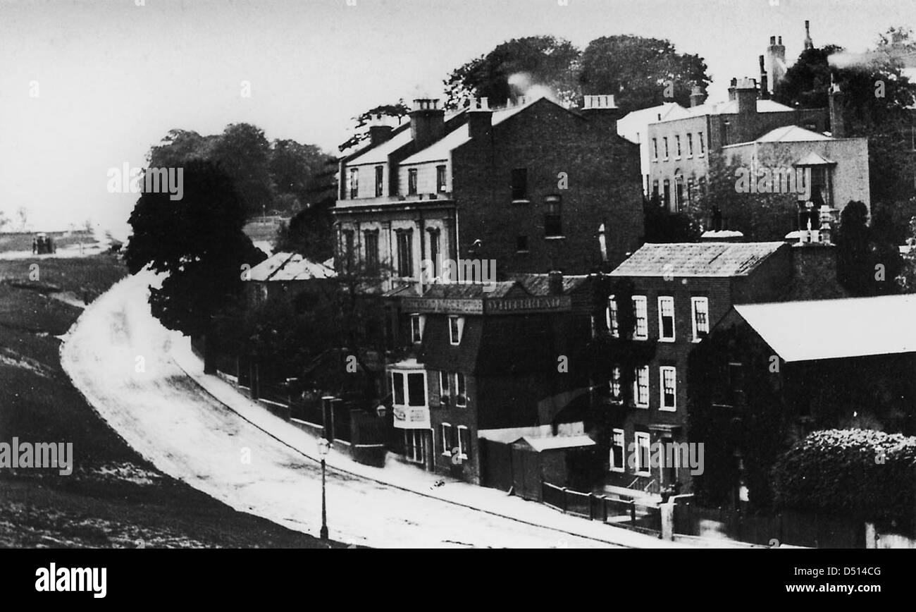 Une photographie prise depuis Hyde Vale, offrant une vue vers l'est du paysage environnant. L'image offre un aperçu historique de la zone près du Musée maritime national, mettant en valeur l'environnement maritime. Banque D'Images