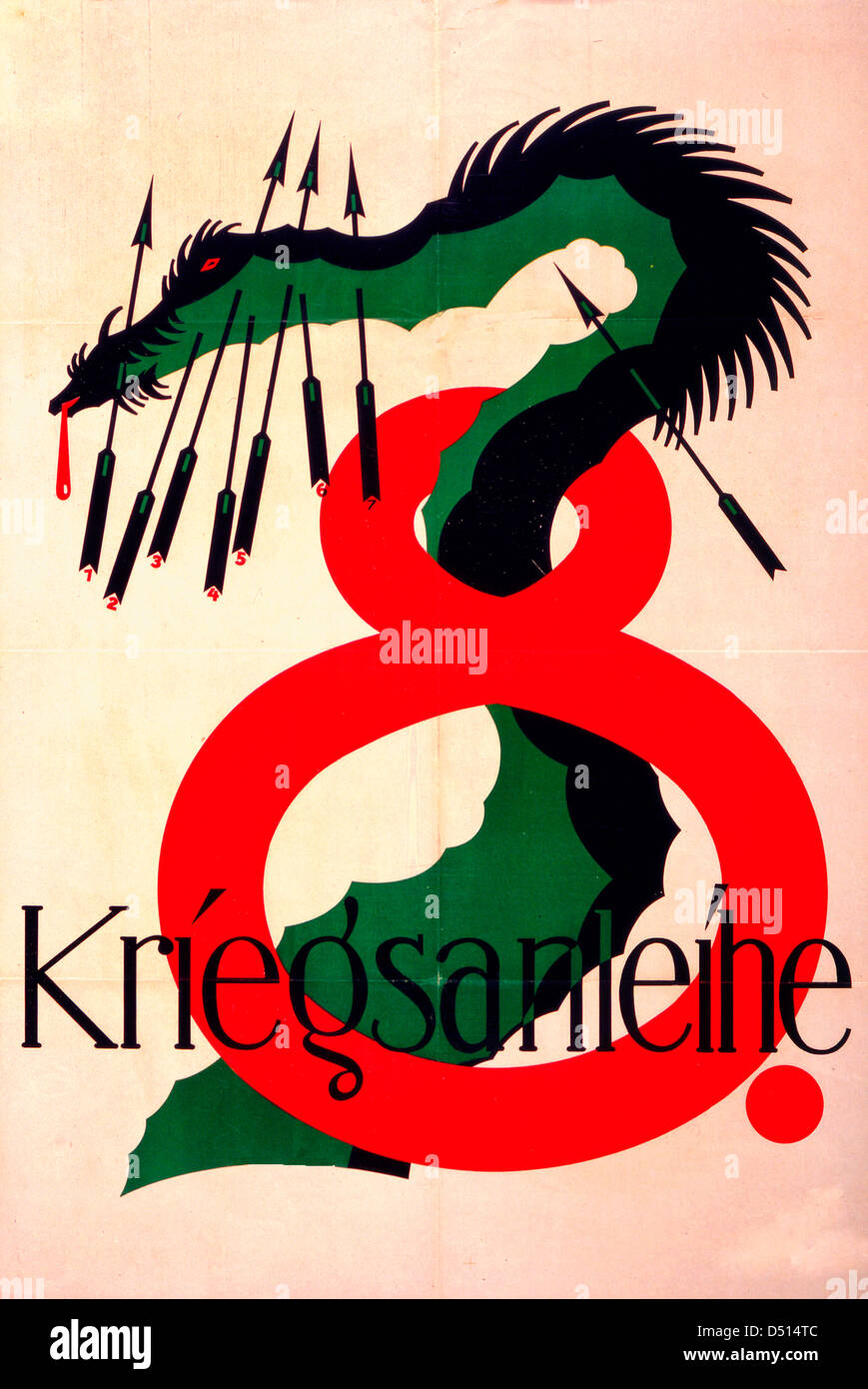 8. Kriegsanleihe - Affiche allemande montre un dragon, avec son col dans un huit, percé de huit flèches. 8ème emprunt de guerre. 1918 Banque D'Images