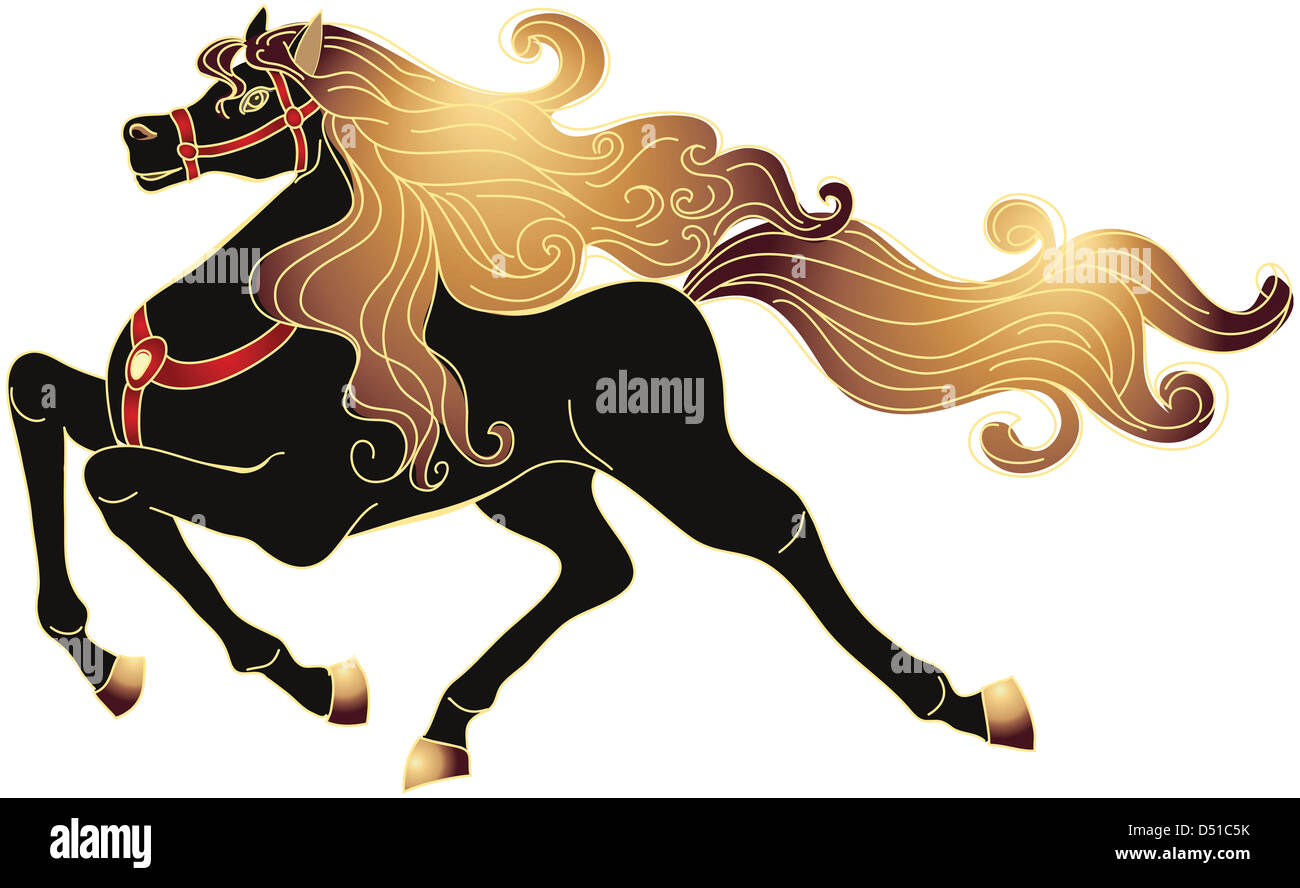 Cheval noir au galop avec la crinière d'or Banque D'Images